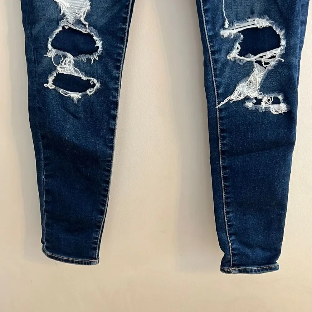 American Eagle Next Level Stretch Jeans Hi-Rise Jegging Dark Destroyed, 0 Short